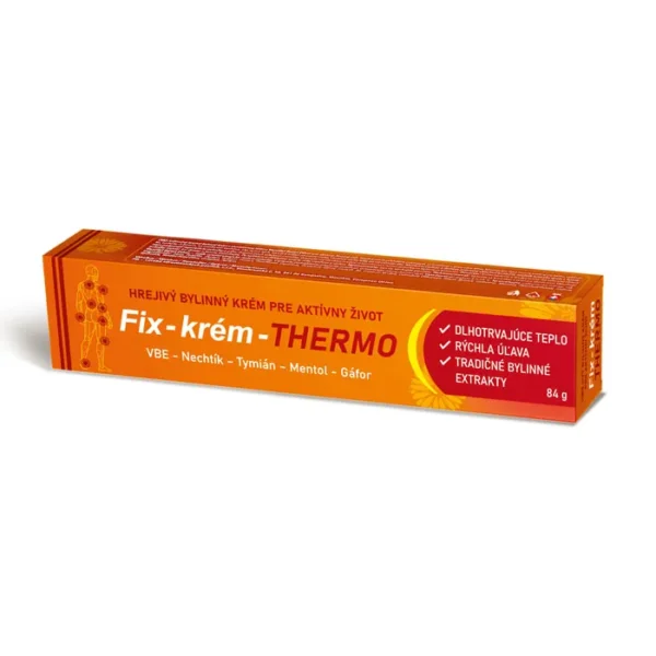 Fix-Creme-THERMO (84 g) ist eine hochwertige, wärmende Massagecreme mit Kampfer, Menthol, Vanillylbutylether sowie einem phytotherapeutischen Komplex aus Ringelblume und Thymian. Dank ihrer innovativen Drei-Phasen-Formel lindert sie sowohl unmittelbar als auch langfristig Muskel-, Gelenk- und Rückenschmerzen. Die Creme wärmt das Gewebe tiefenwirksam, fördert die Durchblutung, wirkt entzündungshemmend und verkürzt die Regenerationszeit nach Sport oder körperlicher Anstrengung.